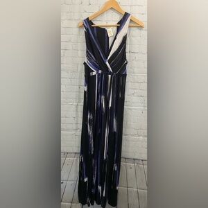 Matty M Sleeveless Maxi Dress Women's Size Large Black Blue Striped Deep V-Neck